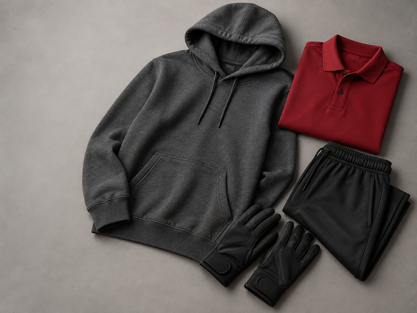 Hoodie, polo shirt, gloves and tracksuit apparel